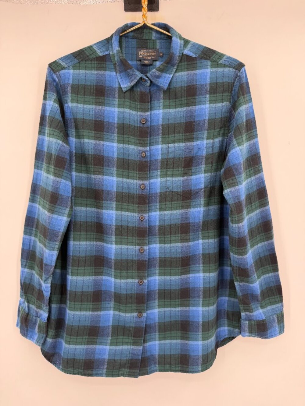 Pendleton Women's Blue Green Plaid Flannel Button Front Shirt Medium 100% Cotton